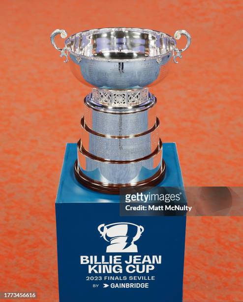 General view of the Billie Jean King Cup trophy prior to the Billie Jean King Cup Finals at Estadio de La Cartuja on November 03, 2023 in Seville,...
