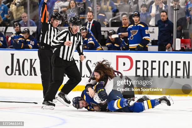 Arizona Coyotes center Liam O'Brien attacks St. Louis Blues left wing Sammy Blais drawing a double minor during a regular season game between the...