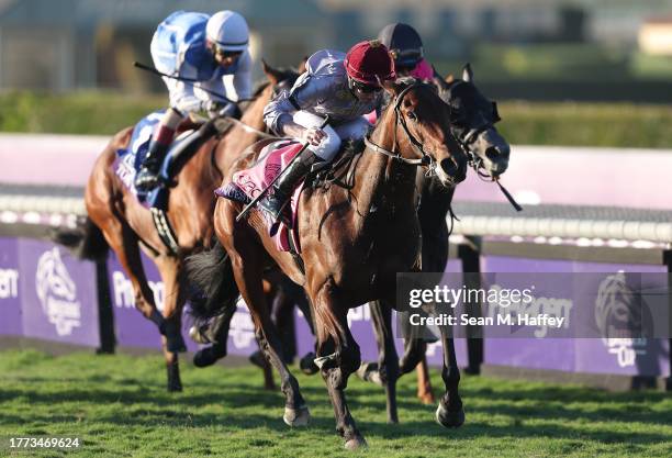 John Velazquez aboard Tok Tok and Joel Rosario aboard My Boy Prince are unable to catch Lanfranco Dettori aboard Unquestionable of France as he wins...