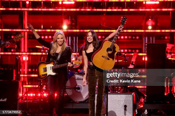 Sheryl Crow and Olivia Rodrigo perform onstage during the 38th Annual Rock & Roll Hall Of Fame Induction Ceremony at Barclays Center on November 03,...