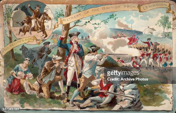 Illustrated color postcard depicting the Battle of Lexington in the American Revolutionary War; the British retreat, Massachusetts, April 19th 1775.
