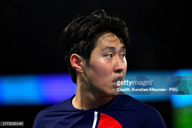 Lee Kang In of Paris Saint-Germain looks on during the Ligue 1 Uber Eats match between Paris Saint-Germain and Montpellier HSC at Parc des Princes on...