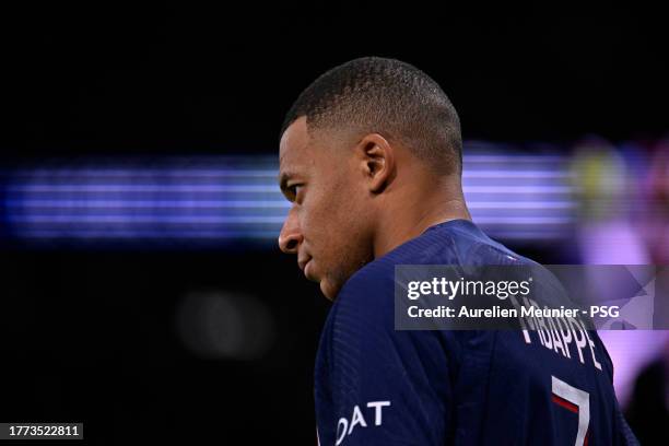 Kylian Mbappe of Paris Saint-Germain looks on during the Ligue 1 Uber Eats match between Paris Saint-Germain and Montpellier HSC at Parc des Princes...