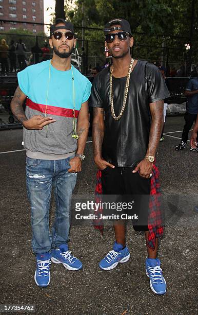 Swizz Beatz and Fabolous attend EBC's "The Finale" Tournament for the Reebok Question Mid Draft Pick Release at Rucker Park on August 22, 2013 in New...