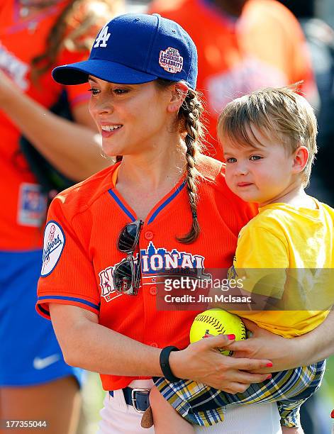 Actress Alyssa Milano and son Milo Thomas Bugliari during the Taco Bell All-Star Legends & Celebrity Softball Game at Citi Field on July 14, 2013 in...