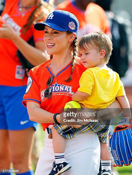 Actress Alyssa Milano and son Milo Thomas Bugliari during the Taco Bell All-Star Legends & Celebrity Softball Game at Citi Field on July 14, 2013 in...