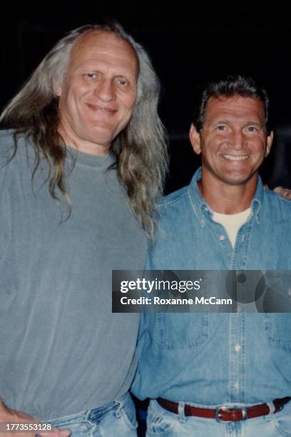 Joe Pytka and Joe Theismann stop for a photo on the set of an ESPN commercial in 1995 in Chicago, Illinois.