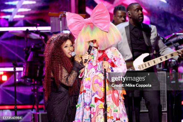 Chaka Khan and Sia perform onstage during 38th Annual Rock & Roll Hall Of Fame Induction Ceremony at Barclays Center on November 03, 2023 in New York...