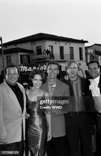 Tom Arnold, Jamie Lee Curtis, Arnold Schwarzenegger, James Cameron, and Bill Paxton attend the premiere of "True Lies" in Westwood, California, on...