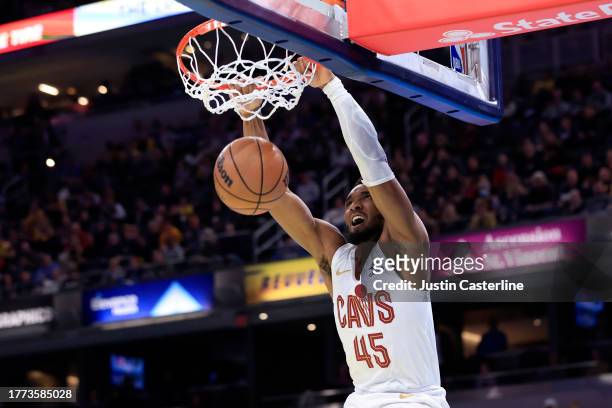 Donovan Mitchell of the Cleveland Cavaliers dunks the ball during the first half of the game against the Indiana Pacers during the NBA In-Season...