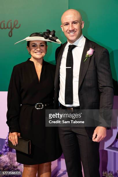 Jacqui Lambie and Brentyn Milverton pose for a photo during 2023 Derby Day at Flemington Racecourse on November 04, 2023 in Melbourne, Australia.