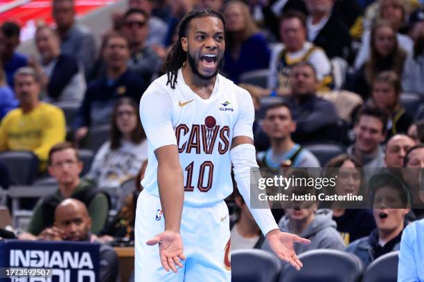 Darius Garland of the Cleveland Cavaliers reacts after a call during the first half of the game against the Indiana Pacers during the NBA In-Season...