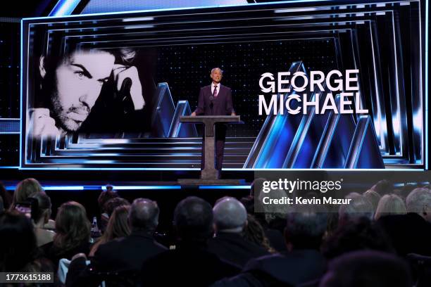 Andrew Ridgeley speaks onstage during the 38th Annual Rock & Roll Hall Of Fame Induction Ceremony at Barclays Center on November 03, 2023 in New York...