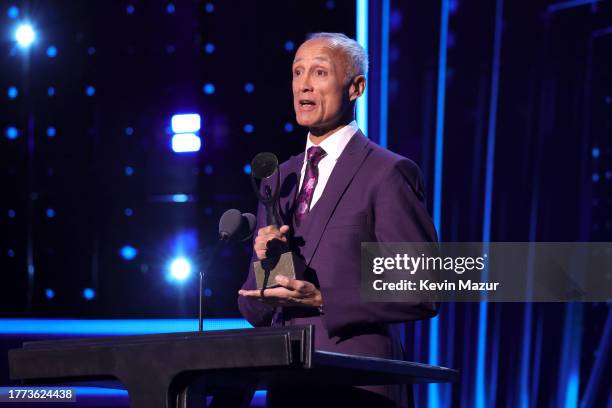Andrew Ridgeley speaks onstage during the 38th Annual Rock & Roll Hall Of Fame Induction Ceremony at Barclays Center on November 03, 2023 in New York...