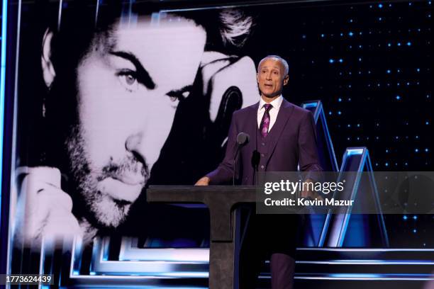 Andrew Ridgeley speaks onstage during the 38th Annual Rock & Roll Hall Of Fame Induction Ceremony at Barclays Center on November 03, 2023 in New York...