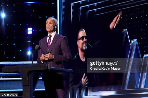 Andrew Ridgeley speaks onstage during the 38th Annual Rock & Roll Hall Of Fame Induction Ceremony at Barclays Center on November 03, 2023 in New York...
