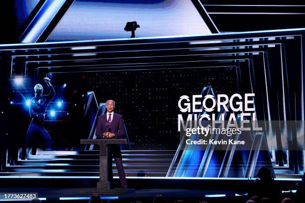 Andrew Ridgeley speaks onstage during the 38th Annual Rock & Roll Hall Of Fame Induction Ceremony at Barclays Center on November 03, 2023 in New York...