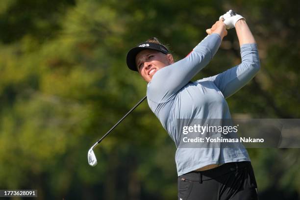 Nanna Koerstz Madsen of Denmark hits her tee shot on the 5th hole during the third round of the TOTO Japan Classic at the Taiheiyo Club's Minori...