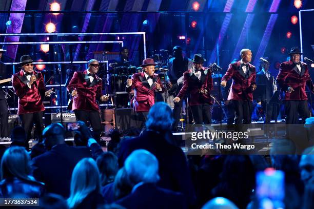Ricky Bell, Johnny Gill, Michael Bivins, Ralph Tresvant, Ronnie DeVoe and Bobby Brown of New Edition perform onstage during the 38th Annual Rock &...