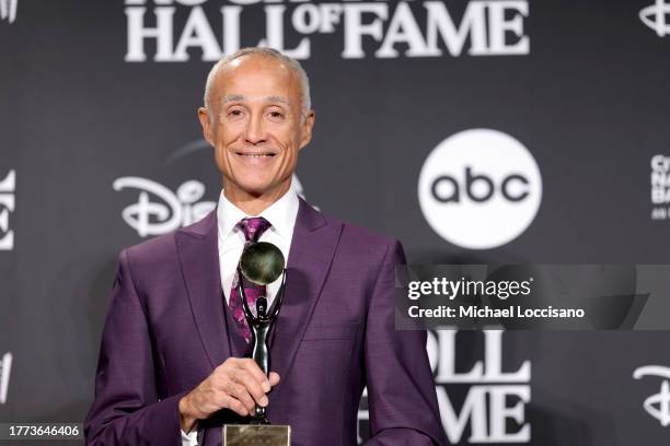 Presenter Andrew Ridgeley poses in the press room during the 38th Annual Rock & Roll Hall Of Fame Induction Ceremony at Barclays Center on November...