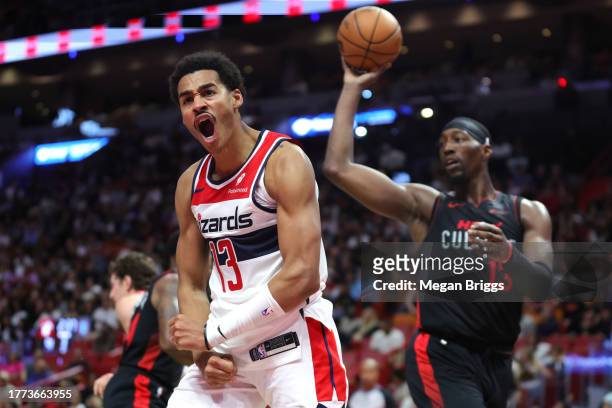 Jordan Poole of the Washington Wizards reacts in the third quarter against the Miami Heat during the NBA In-Season Tournament at Kaseya Center on...