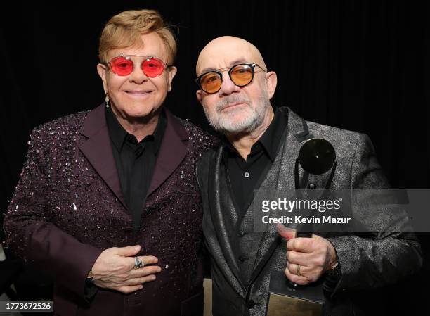 Elton John and Bernie Taupin attend the 38th Annual Rock & Roll Hall Of Fame Induction Ceremony at Barclays Center on November 03, 2023 in New York...