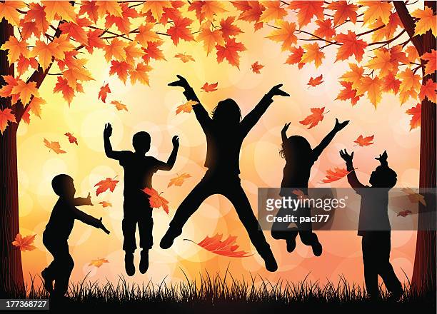 children playing in the leaves - children playing silhouette stock illustrations