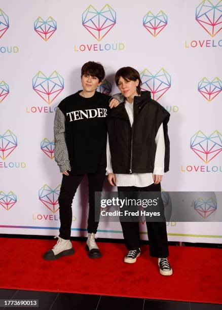 Sara Quin and Tegan Quin of Tegan and Sara attend the LOVELOUD Red Carpet at the Delta Center on November 03, 2023 in Salt Lake City, Utah.