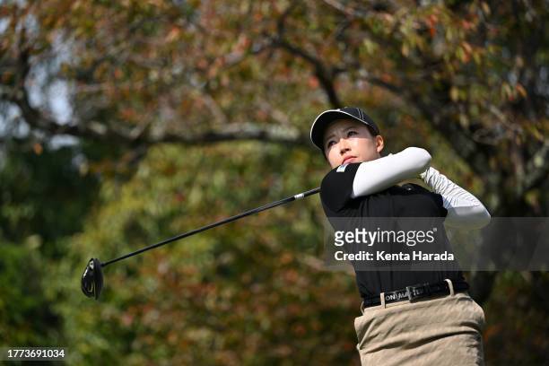 Moeno Tan of Japan hits her tee shot on the 7th hole during the final round of Meiji Yasuda Ladies Open Golf Tournament at Ibaraki Kokusai Golf Club...