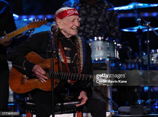 Willie Nelson performs onstage during the 38th Annual Rock & Roll Hall Of Fame Induction Ceremony at Barclays Center on November 03, 2023 in New York...