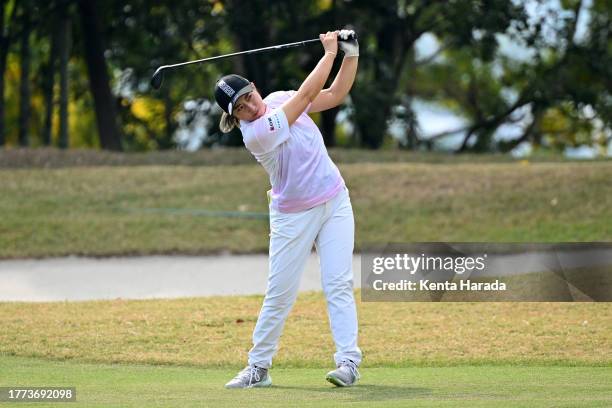 Shizuku Takahashi of Japan hits her second shot on the 1st hole during the final round of Meiji Yasuda Ladies Open Golf Tournament at Ibaraki Kokusai...