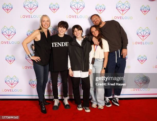 Alison Lawton, Sara Quin, Tegan Quin, Clarissa Savage, and Dan Reynolds attend the LOVELOUD Red Carpet at the Delta Center on November 03, 2023 in...