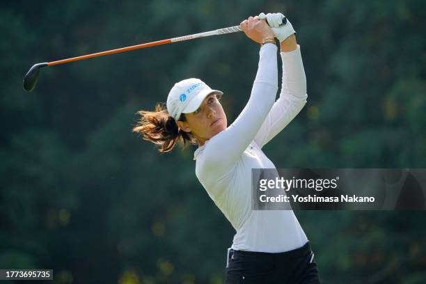 Albane Valenzuela of Switzerland hits her tee shot on the 6th hole during the third round of the TOTO Japan Classic at the Taiheiyo Club's Minori...