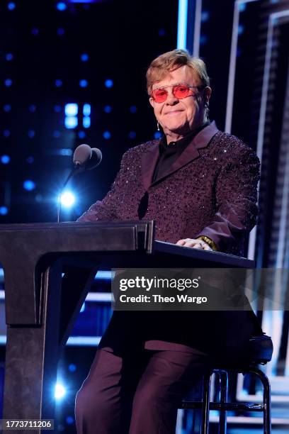 Elton John speaks onstage during the 38th Annual Rock & Roll Hall Of Fame Induction Ceremony at Barclays Center on November 03, 2023 in New York City.