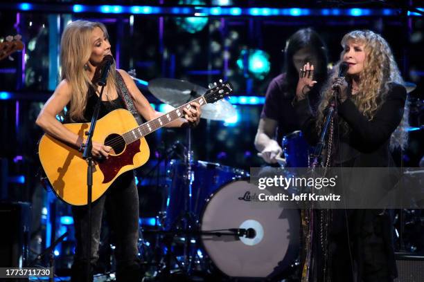 Sheryl Crow and Stevie Nicks perform onstage at the 38th Annual Rock & Roll Hall Of Fame Induction Ceremony at Barclays Center on November 03, 2023...