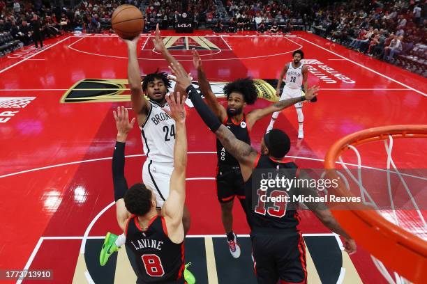 Cam Thomas of the Brooklyn Nets shoots against the Chicago Bulls in the second half of the NBA In-Season Tournament at the United Center on November...