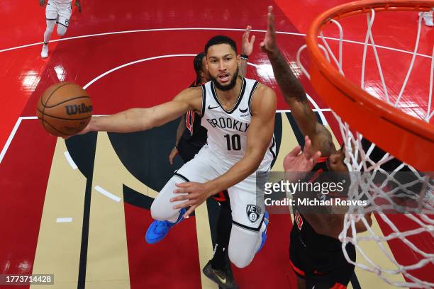 Ben Simmons of the Brooklyn Nets goes up for a layup against the Chicago Bulls in the second half of the NBA In-Season Tournament at the United...