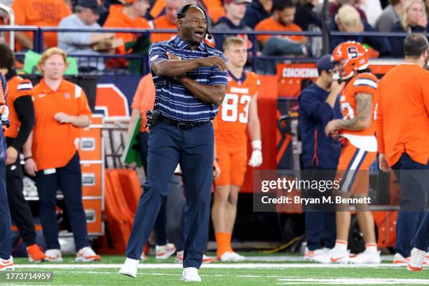Head Coach Dino Babers of the Syracuse Orange reacts during the fourth quarter against the Boston College Eagles at JMA Wireless Dome on November 03,...