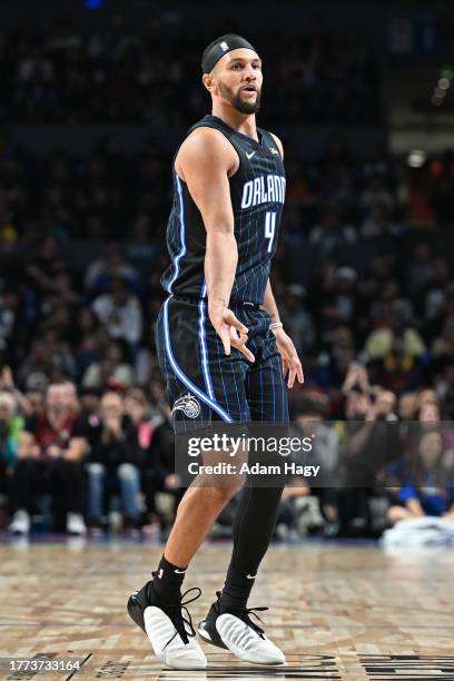 Jalen Suggs of the Orlando Magic celebrates three point basket during the game against the Atlanta Hawks as part of 2023 NBA Mexico Games on November...