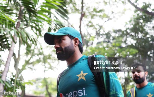 Mohammed Rizwan and Shadab Khan of Pakistan arrive ahead of the ICC Men's Cricket World Cup India 2023 between New Zealand and Pakistan at M....