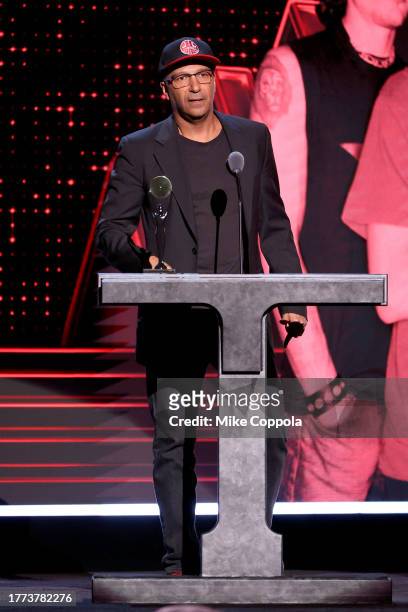 Tom Morello speaks onstage during 38th Annual Rock & Roll Hall Of Fame Induction Ceremony at Barclays Center on November 03, 2023 in New York City.