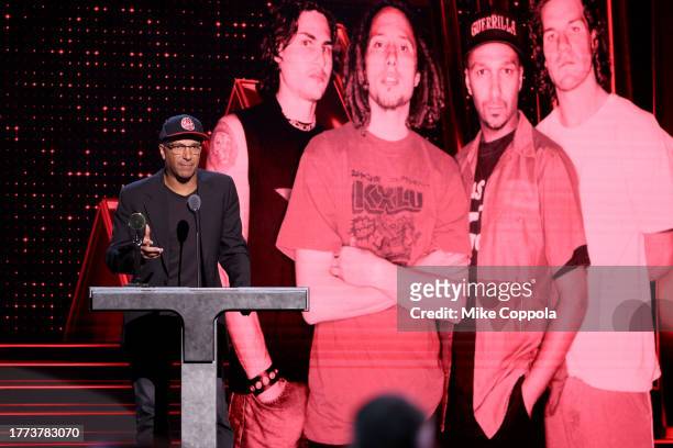 Tom Morello speaks onstage during 38th Annual Rock & Roll Hall Of Fame Induction Ceremony at Barclays Center on November 03, 2023 in New York City.