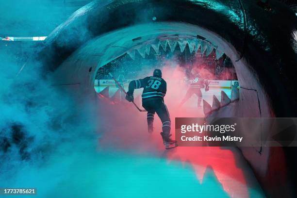 Mario Ferraro of the San Jose Sharks takes the ice through the Shark Head before the game against the Edmonton Oilers at SAP Center on November 9,...