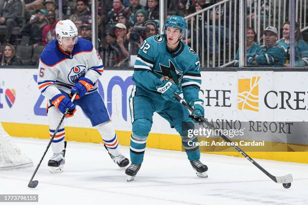 November 9: William Eklund of the San Jose Sharks skating with the puck during the game against the Edmonton Oilers at SAP Center on November 9, 2023...