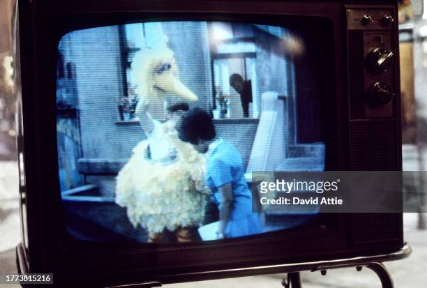 Puppeteer Caroll Spinney as 'Big Bird,' actress Loretta Long , and actor Matt Robinson , shot on a TV monitor, during the taping of Sesame Street's...