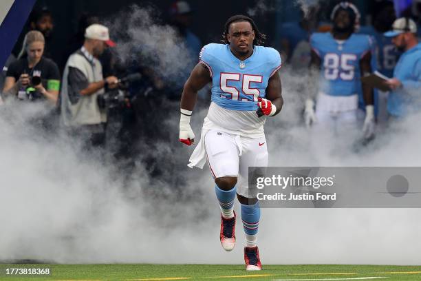 Aaron Brewer of the Tennessee Titans during the game against the Atlanta Falcons at Nissan Stadium on October 29, 2023 in Nashville, Tennessee.