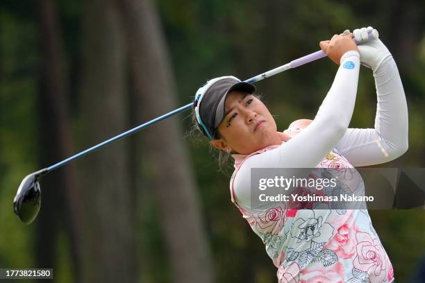 Jasmine Suwannapura of Thailand hits her tee shot on the 9th hole during the third round of the TOTO Japan Classic at the Taiheiyo Club's Minori...