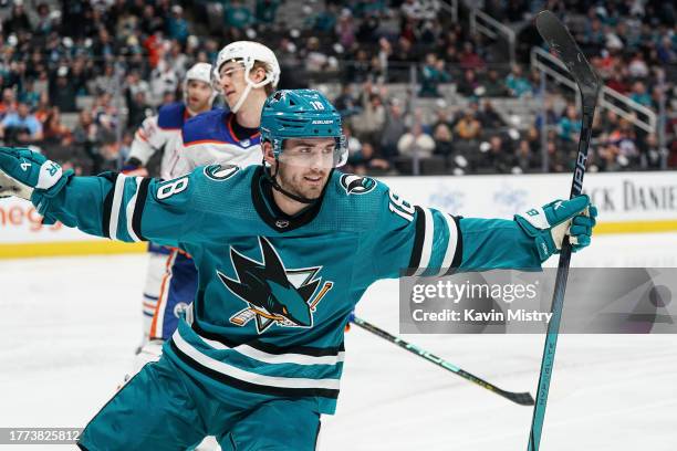 Filip Zadina of the San Jose Sharks celebrates scoring a goal against the Edmonton Oilers at SAP Center on November 9, 2023 in San Jose, California.