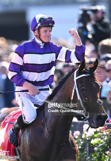 James McDonald riding Riff Rocket celebrates winning the Penfolds Victoria Derby during Derby Day at Flemington Racecourse on November 04, 2023 in...