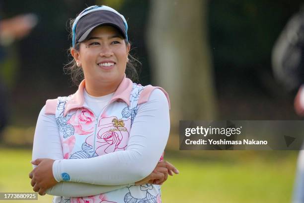 Jasmine Suwannapura of Thailand smiles on the 12th tee during the third round of the TOTO Japan Classic at the Taiheiyo Club's Minori Course on...